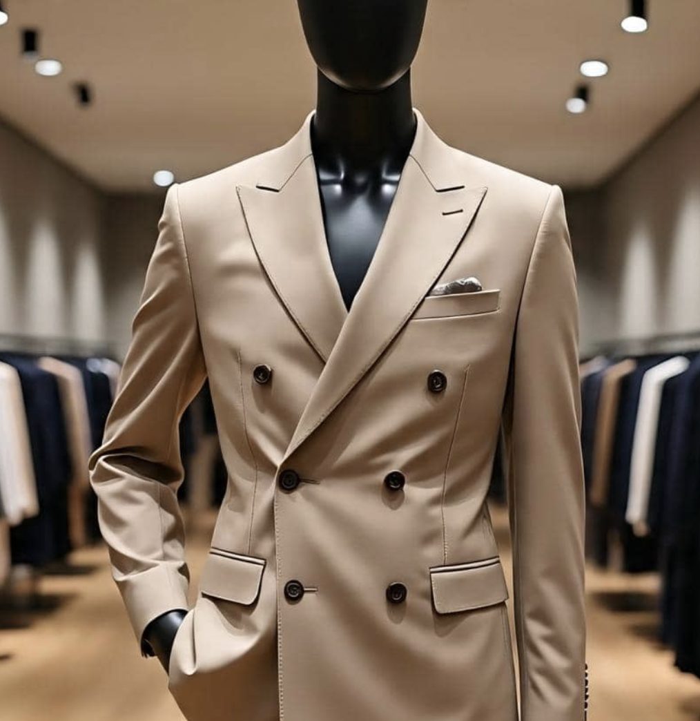 Beige double-breasted suit on a mannequin in the DHP store